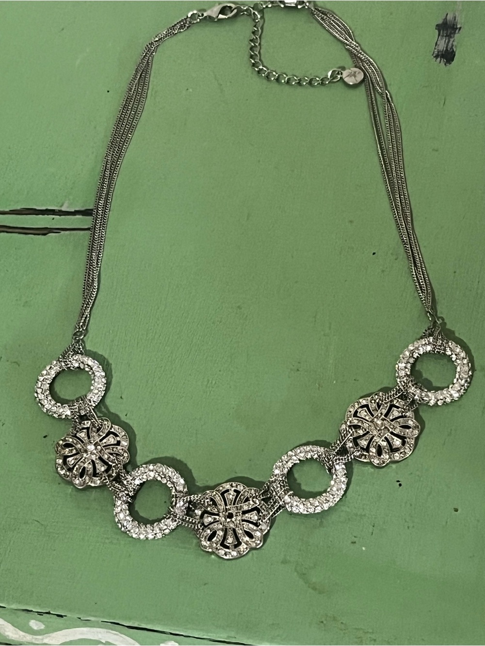 Nicole Miller Silver Crystal Circle & Floral Statement Necklace